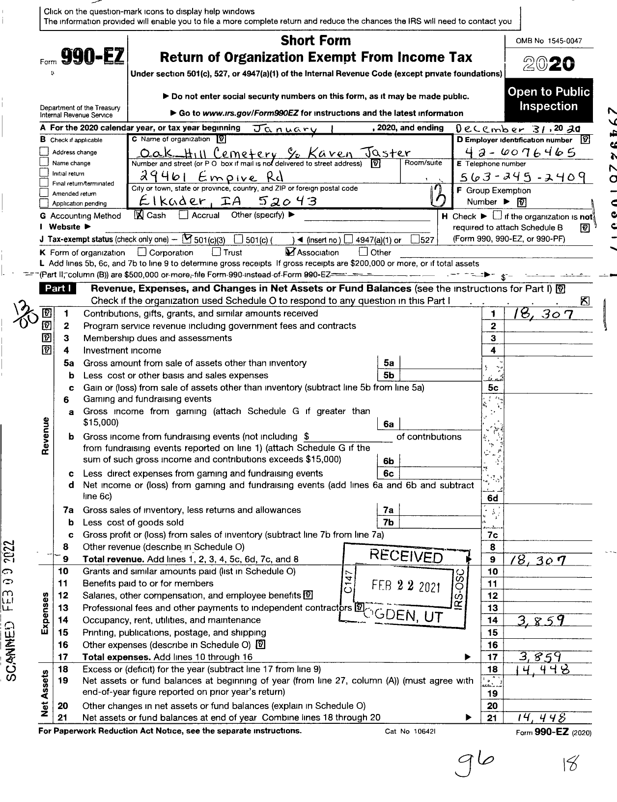 Image of first page of 2020 Form 990EO for Oak Hill Cemetery Association