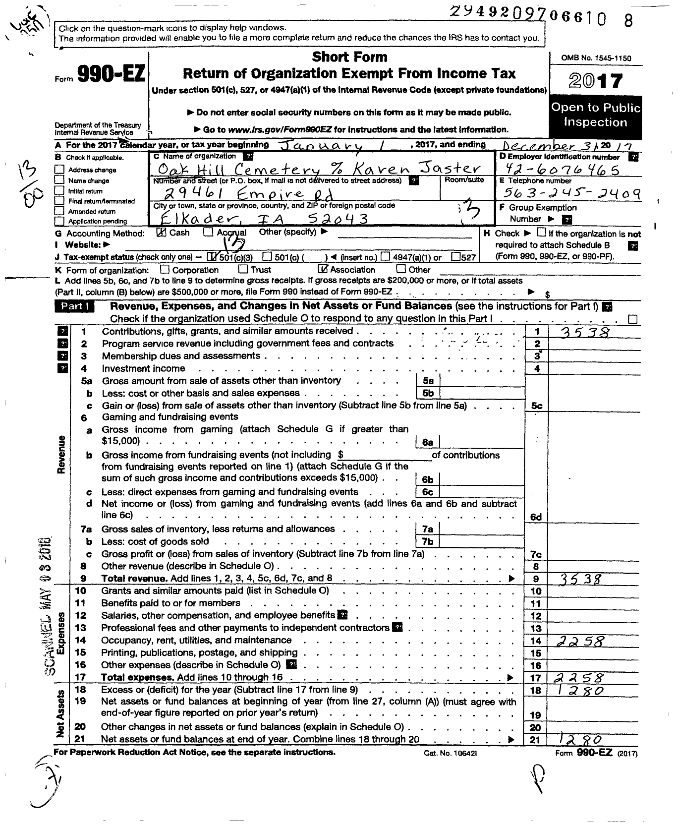 Image of first page of 2017 Form 990EO for Oak Hill Cemetery Association