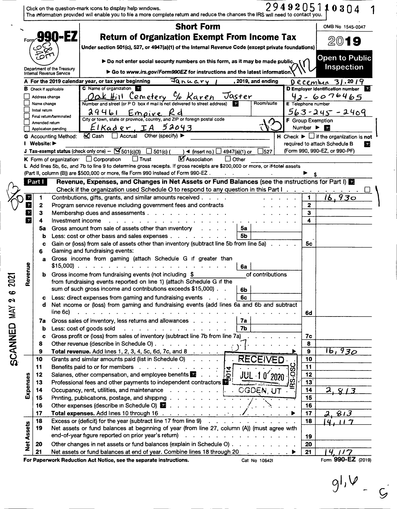 Image of first page of 2019 Form 990EO for Oak Hill Cemetery Association