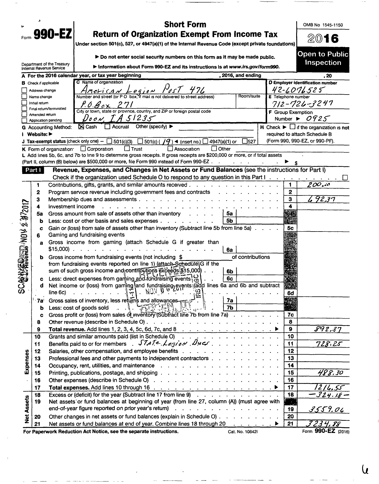 Image of first page of 2016 Form 990EO for American Legion - 0476 Rock River