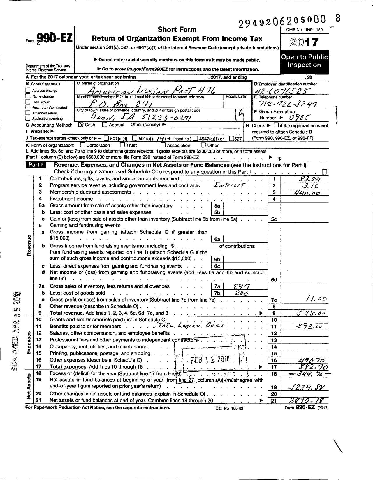 Image of first page of 2017 Form 990EO for American Legion - 0476 Rock River