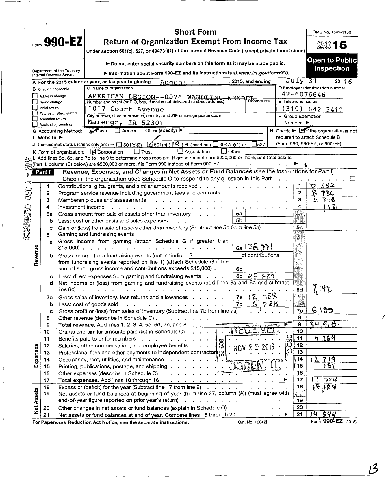 Image of first page of 2015 Form 990EO for Wandling-Wendel Post No 76 Department of Iowa American Legion