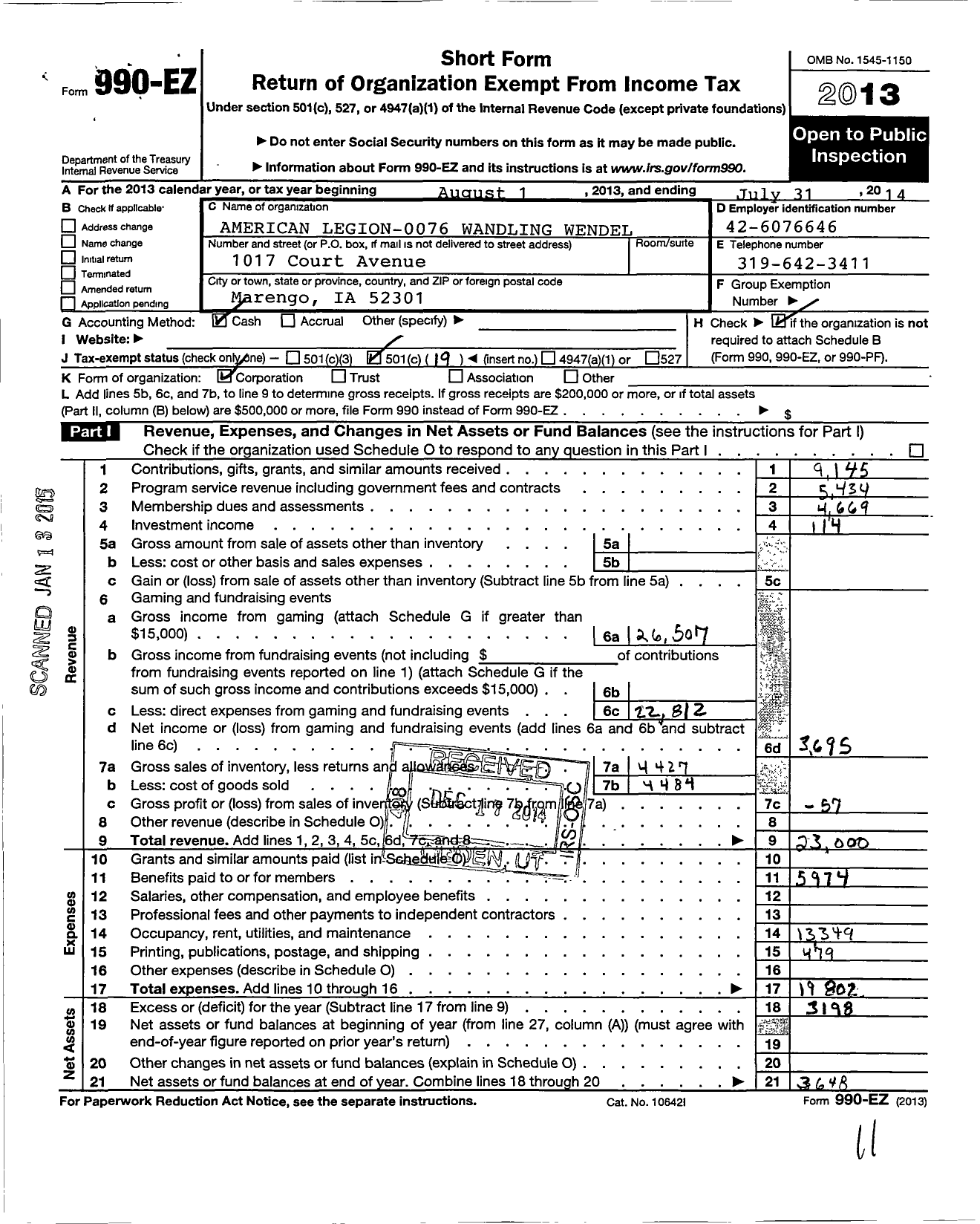 Image of first page of 2013 Form 990EO for Wandling-Wendel Post No 76 Department of Iowa American Legion