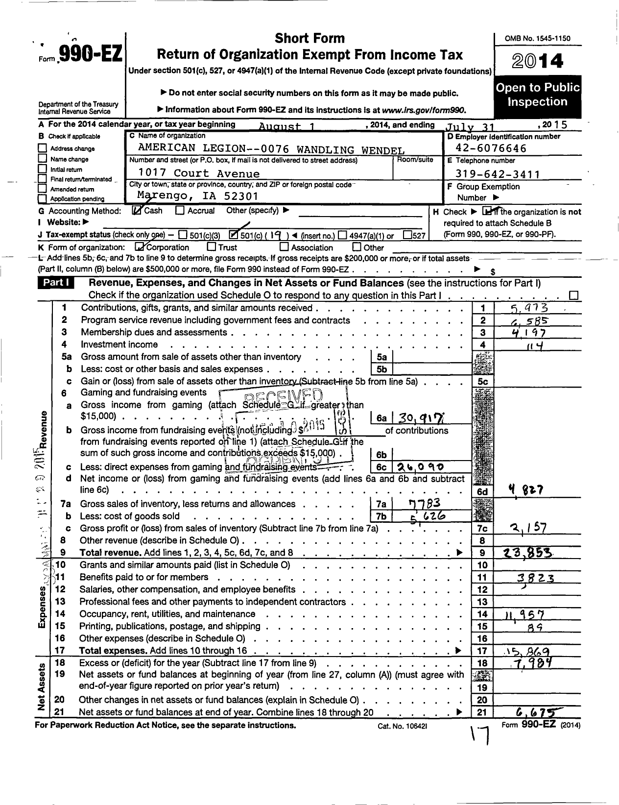 Image of first page of 2014 Form 990EO for Wandling-Wendel Post No 76 Department of Iowa American Legion