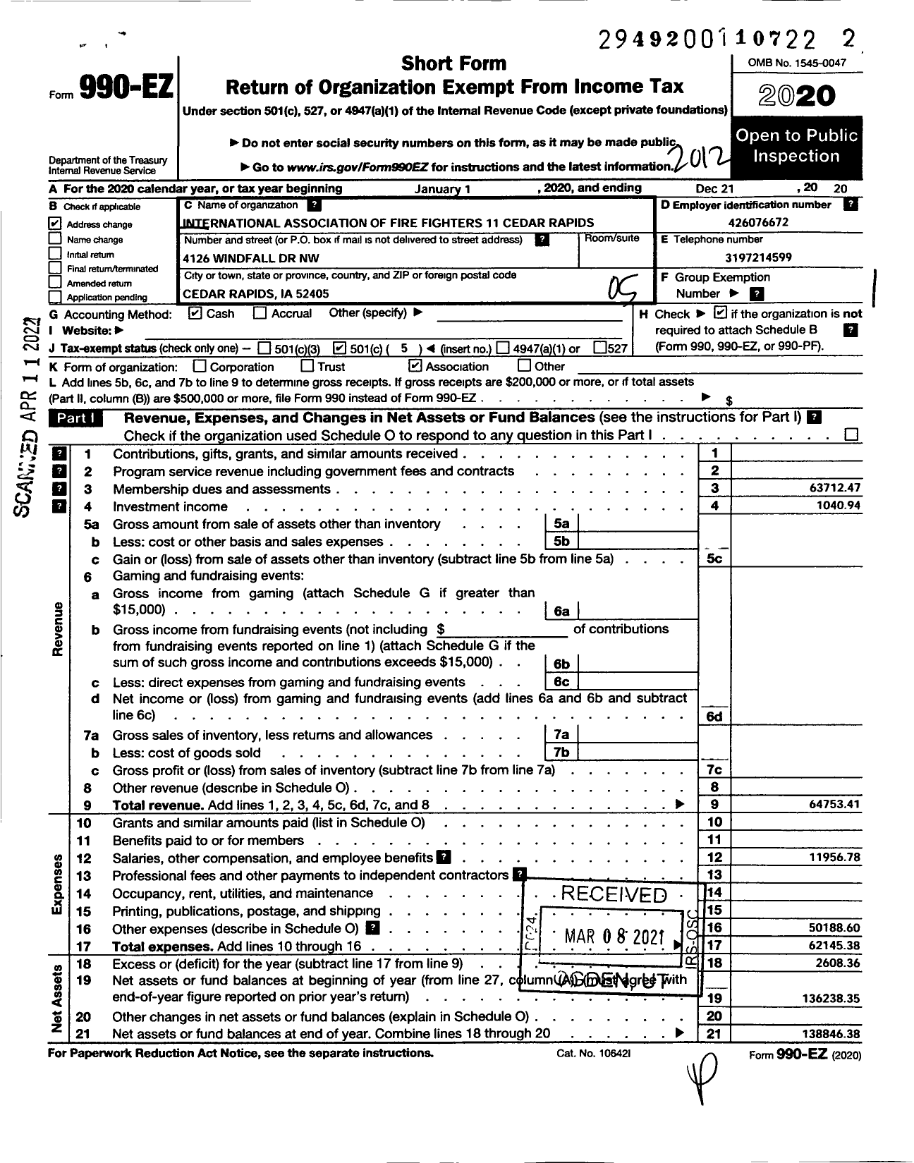 Image of first page of 2020 Form 990EO for International Association of Fire Fighters - L0011 Cedar Rapids