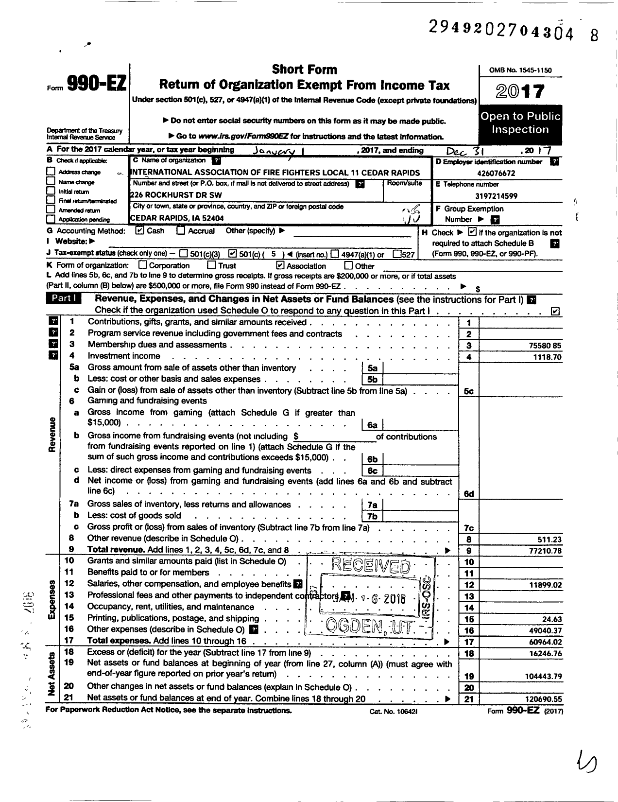 Image of first page of 2017 Form 990EO for International Association of Fire Fighters - L0011 Cedar Rapids