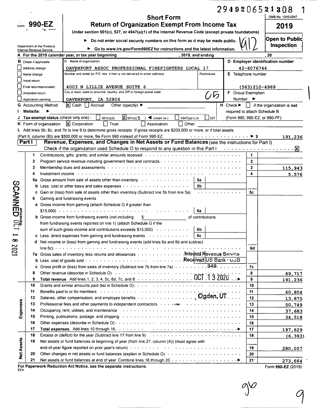 Image of first page of 2019 Form 990EO for International Association of Fire Fighters - L0017 Davenport