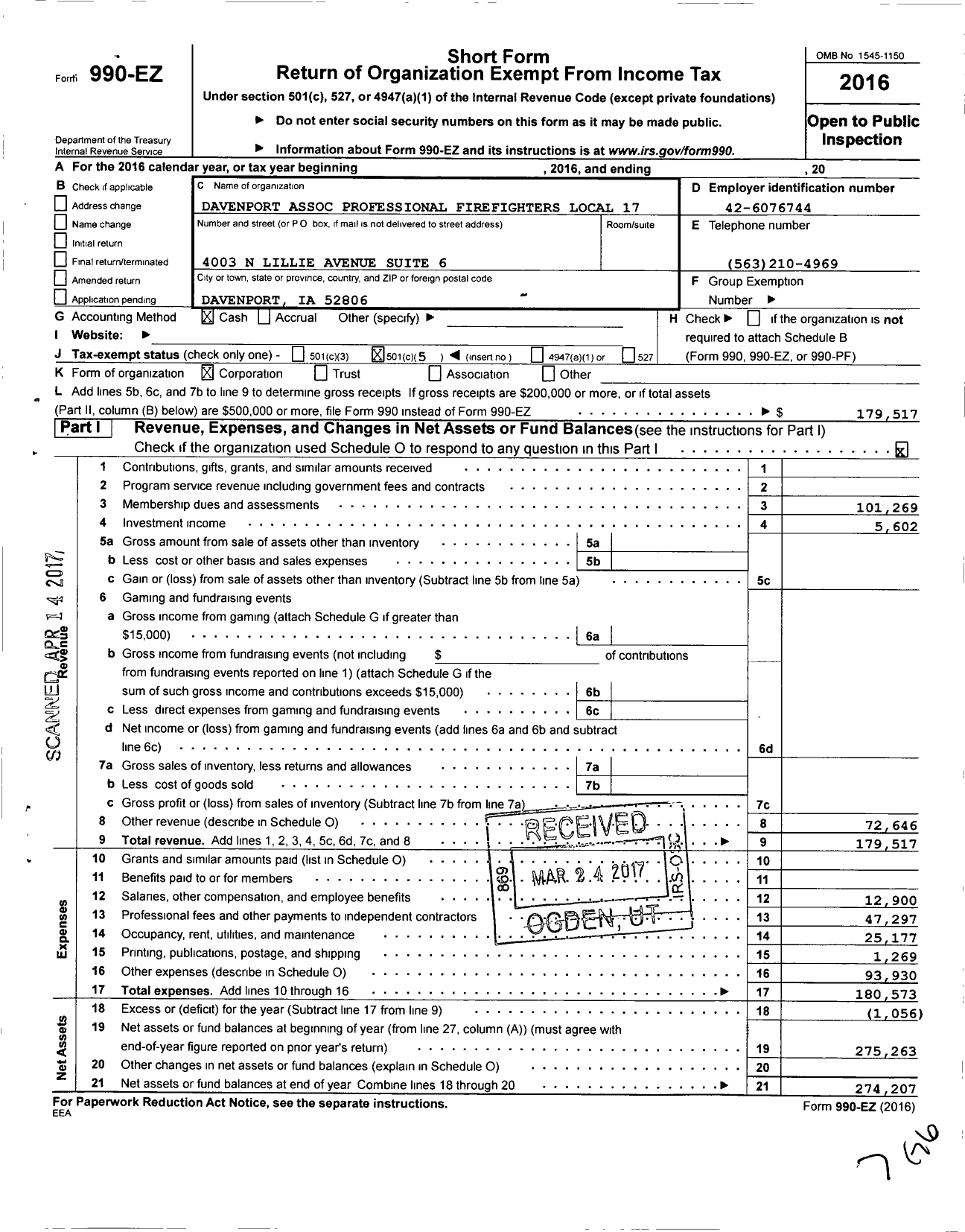 Image of first page of 2016 Form 990EO for International Association of Fire Fighters - L0017 Davenport