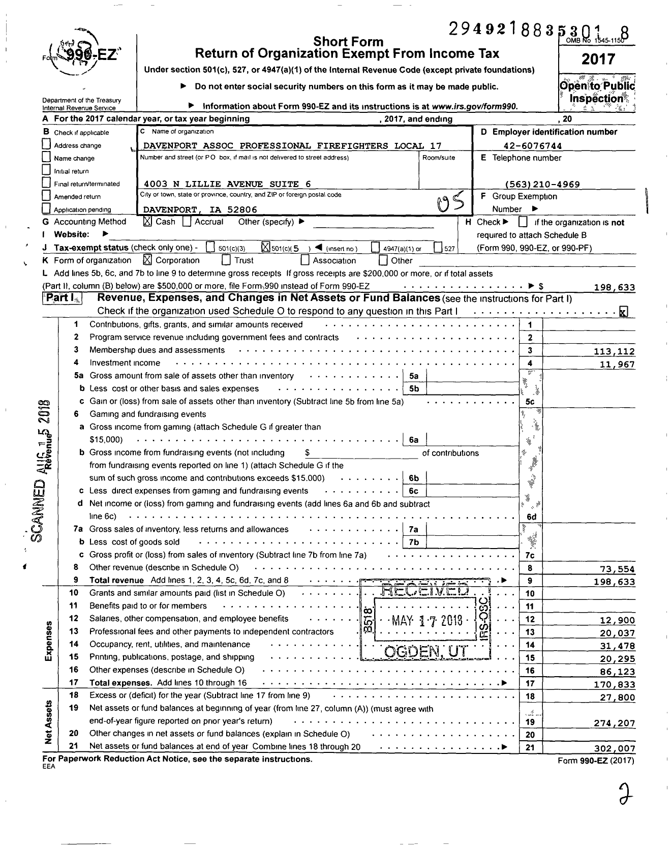 Image of first page of 2017 Form 990EO for International Association of Fire Fighters - L0017 Davenport