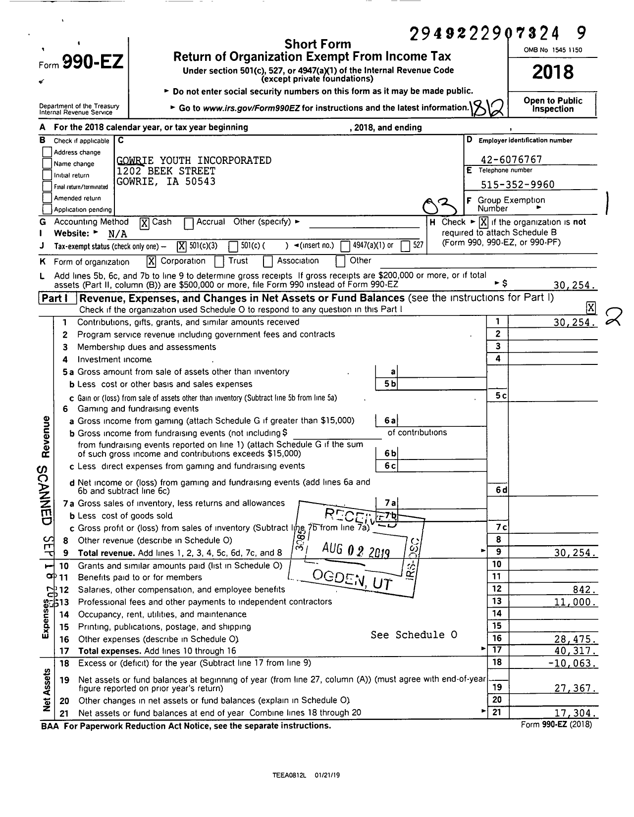 Image of first page of 2018 Form 990EZ for Gowrie Youth Incorporated