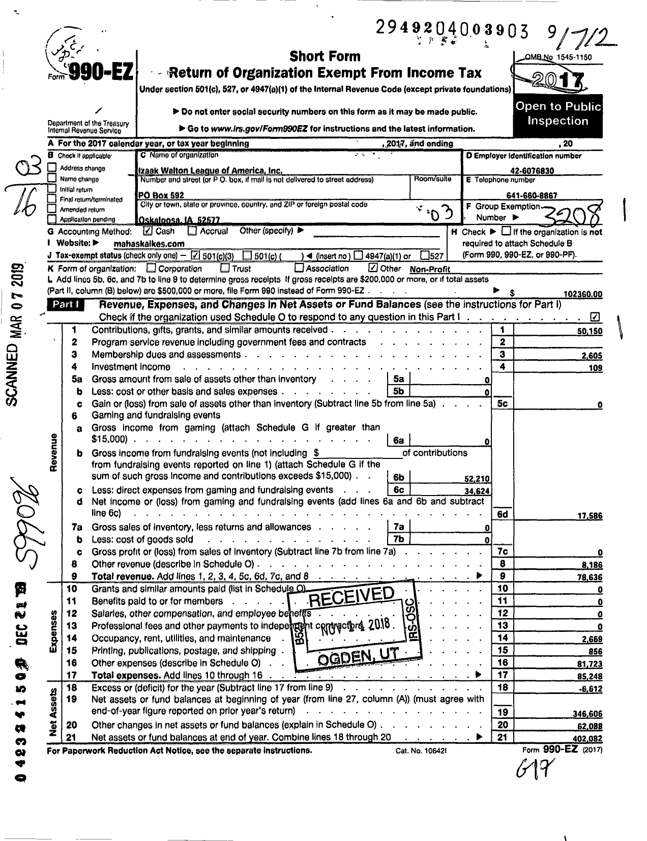 Image of first page of 2017 Form 990EZ for Izaak Walton League of America - Mahaska County Chapter