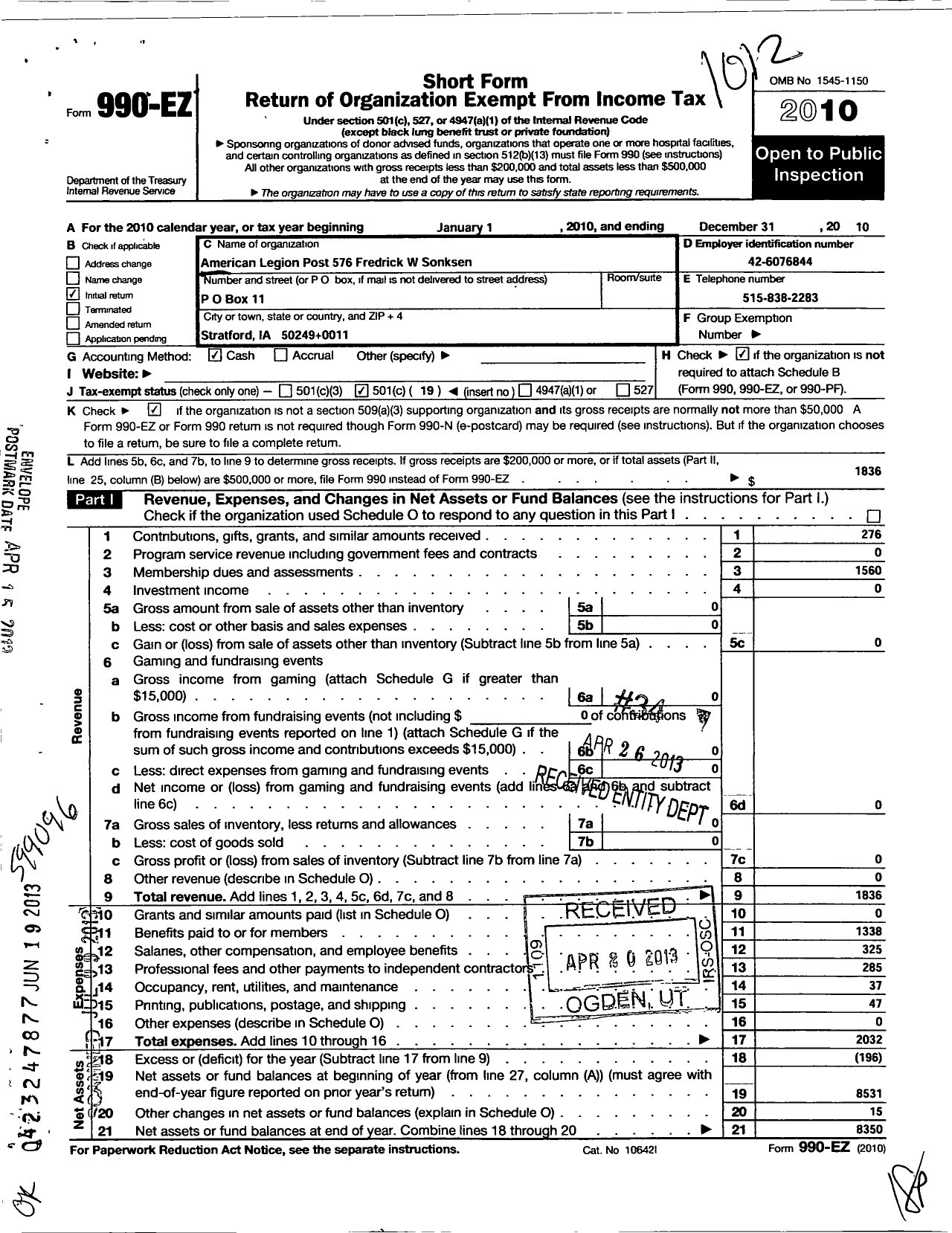 Image of first page of 2010 Form 990EO for American Legion Post 0576 Fredrick W Sonksen