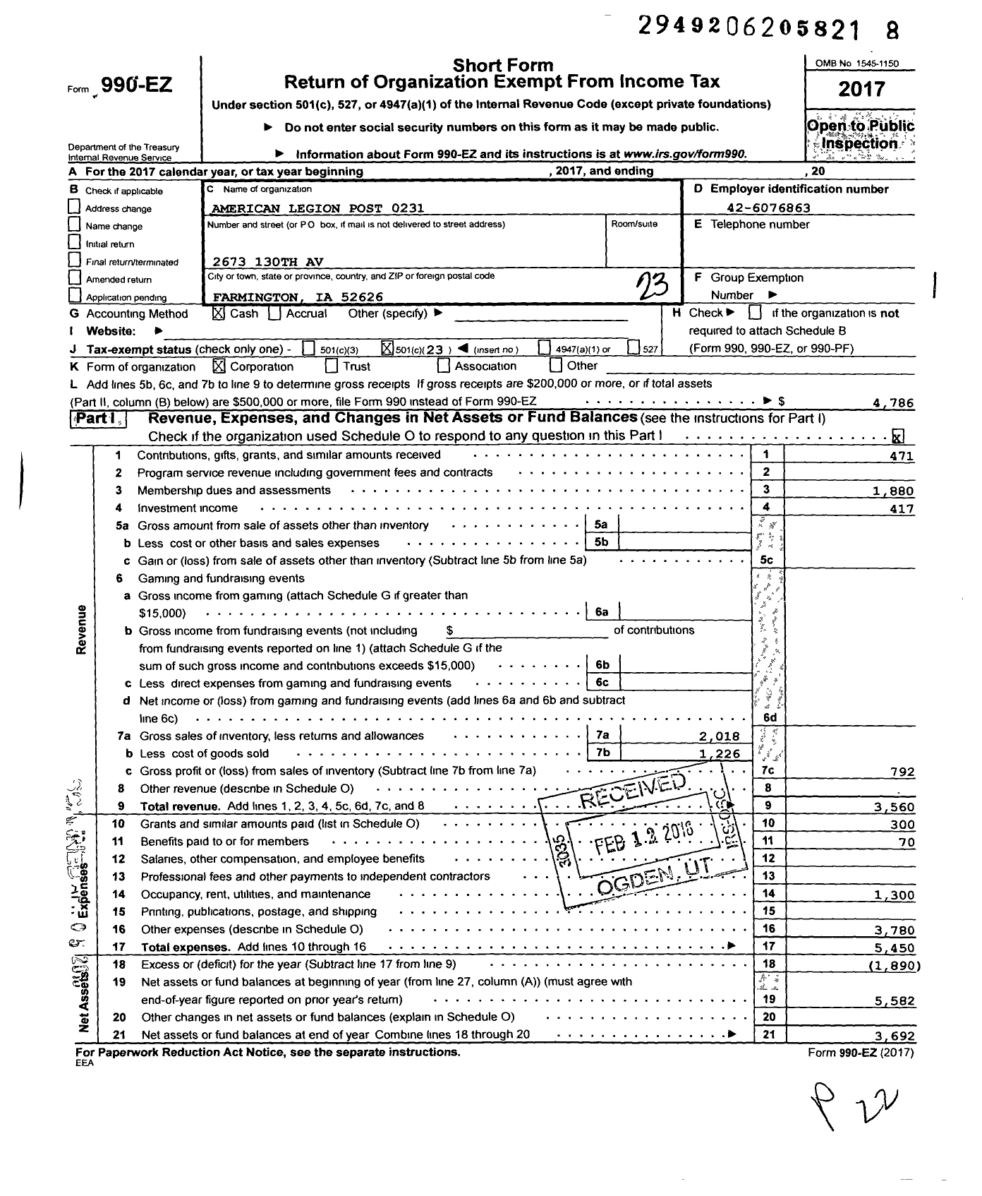 Image of first page of 2017 Form 990EO for American Legion Post 0231