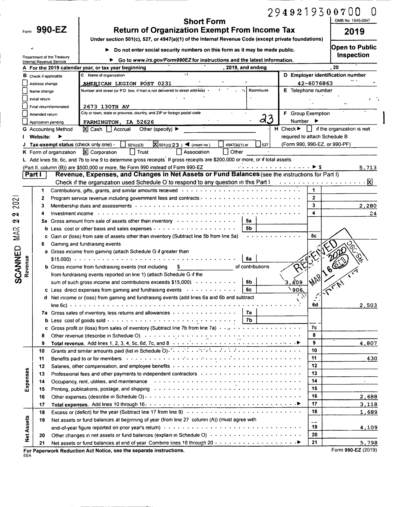 Image of first page of 2019 Form 990EO for American Legion Post 0231