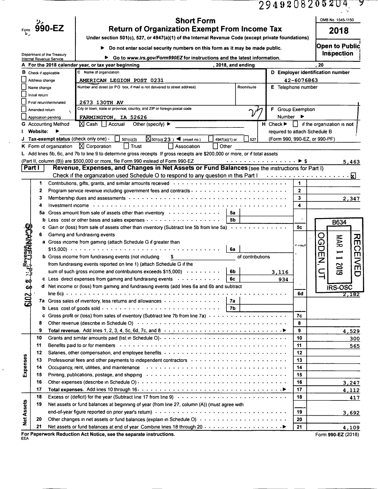 Image of first page of 2018 Form 990EO for American Legion Post 0231