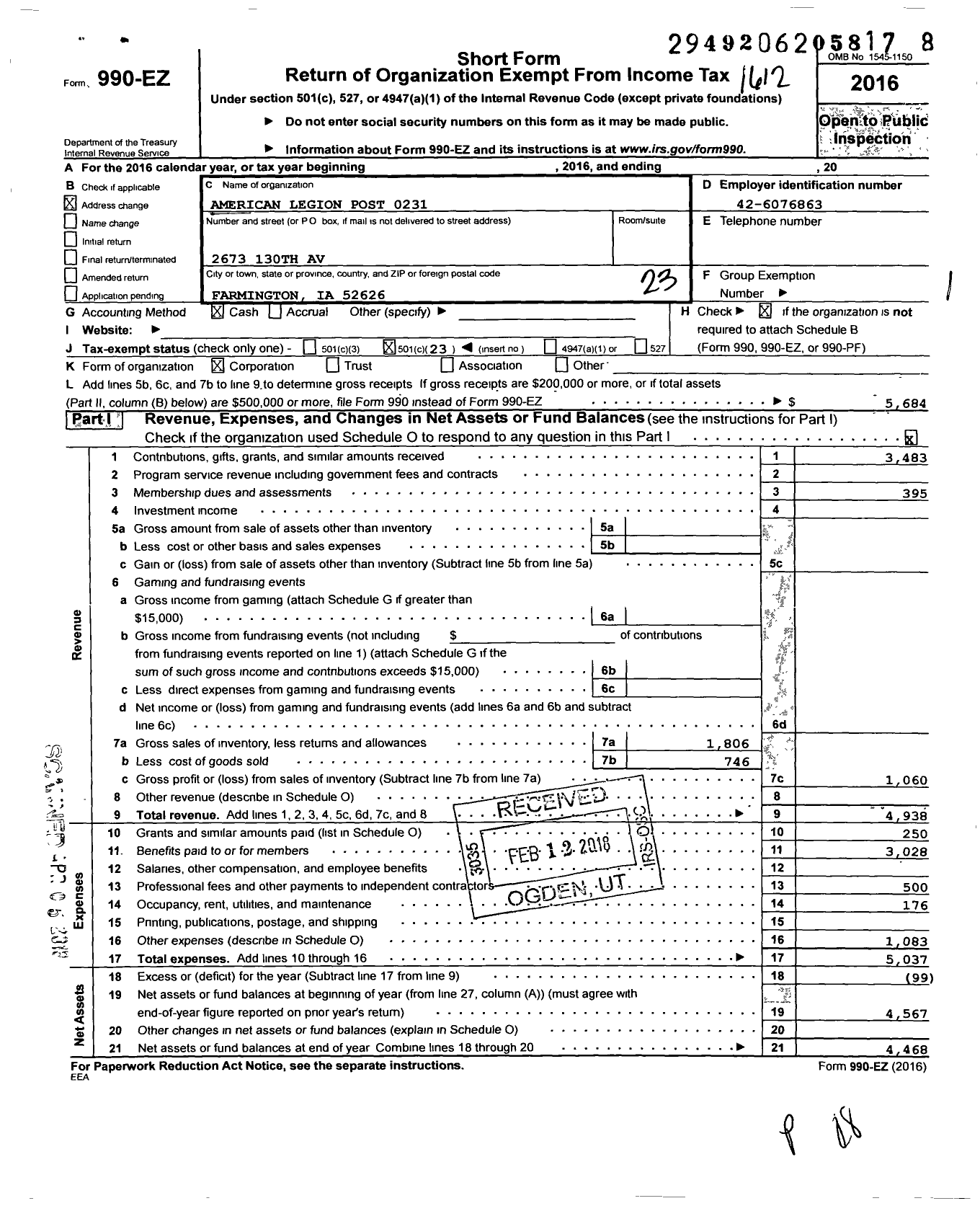 Image of first page of 2016 Form 990EO for American Legion Post 0231