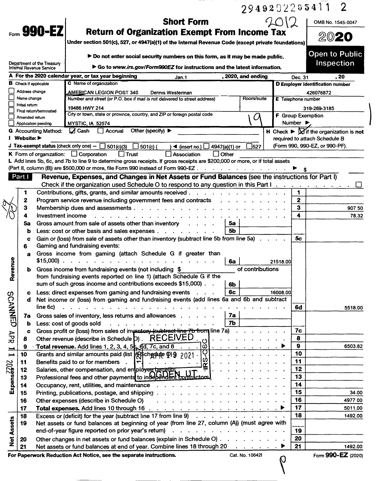 Image of first page of 2020 Form 990EO for American Legion - 340 Paul Dixon Post