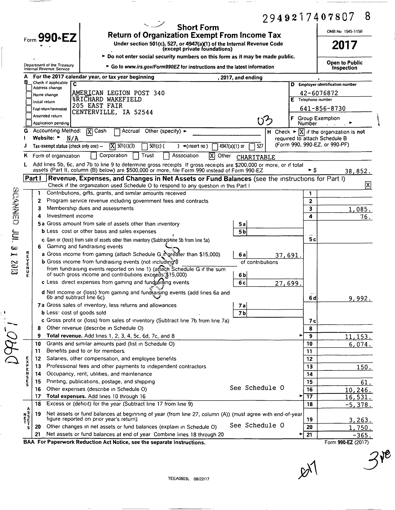 Image of first page of 2017 Form 990EZ for American Legion - 340 Paul Dixon Post