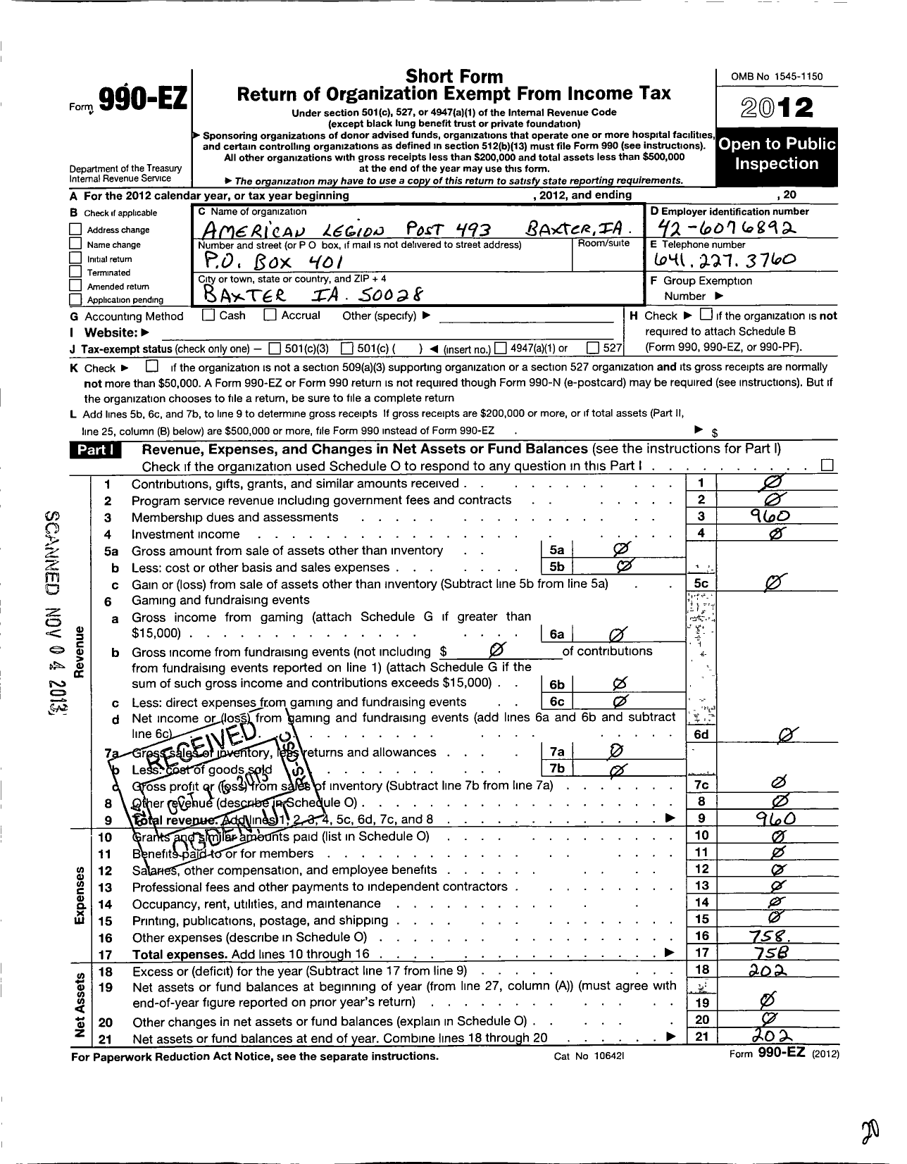 Image of first page of 2012 Form 990EO for American Legion - 0493 Baxter Memorial