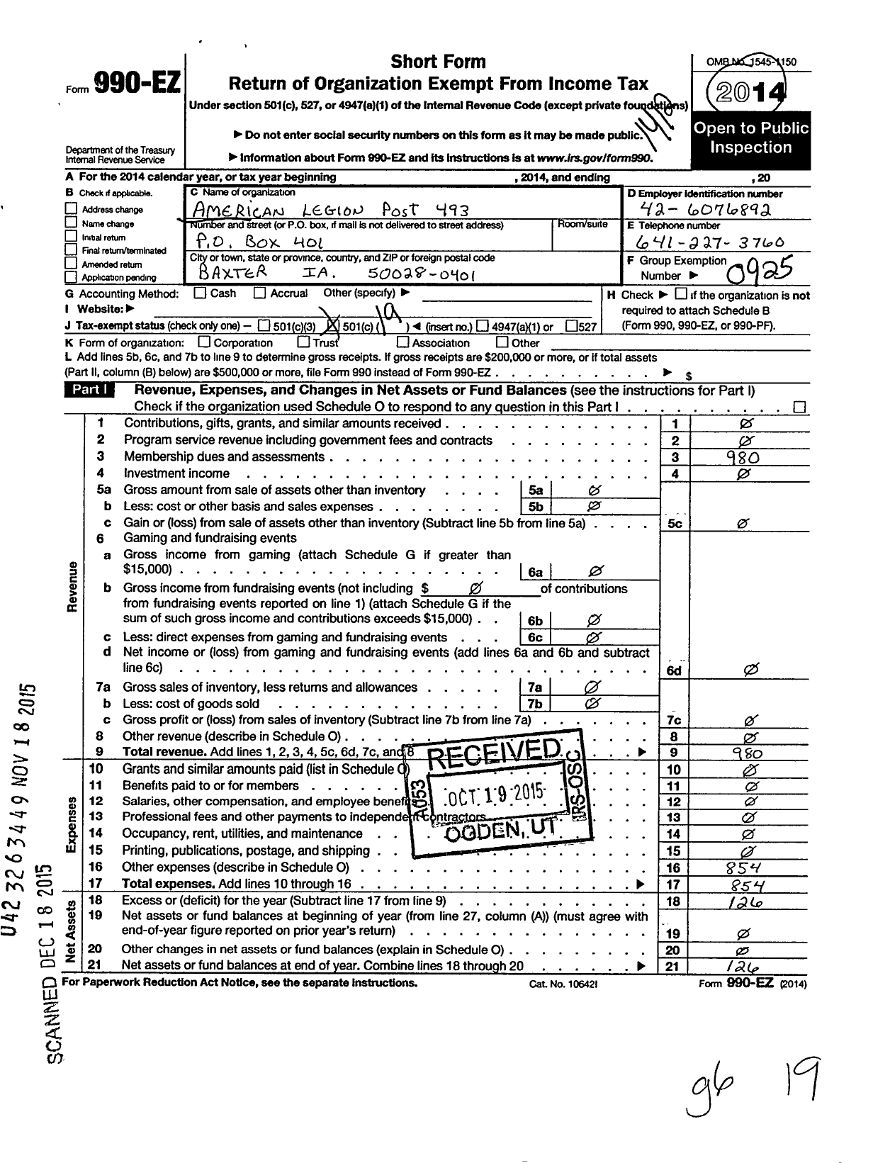 Image of first page of 2014 Form 990EO for American Legion - 0493 Baxter Memorial