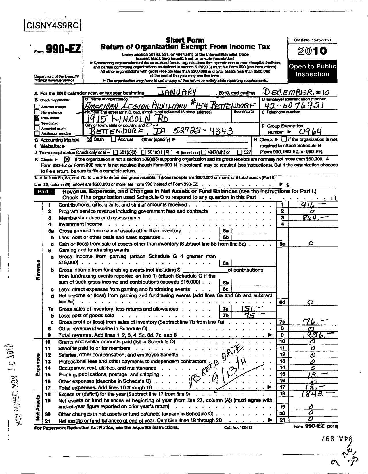 Image of first page of 2010 Form 990EO for Bettendorf American Legion Auxiliary Unit No 154