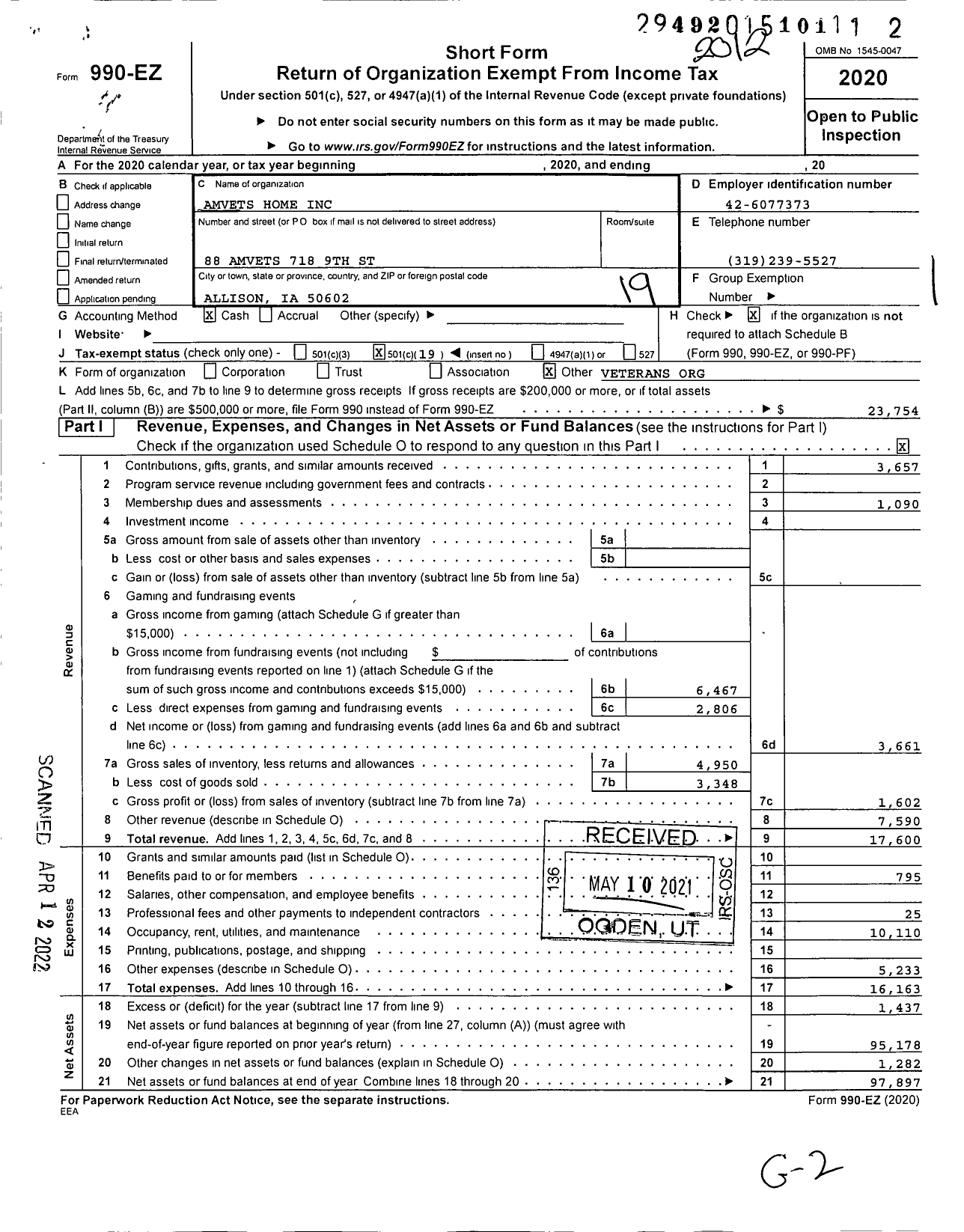 Image of first page of 2020 Form 990EO for Amvets Home