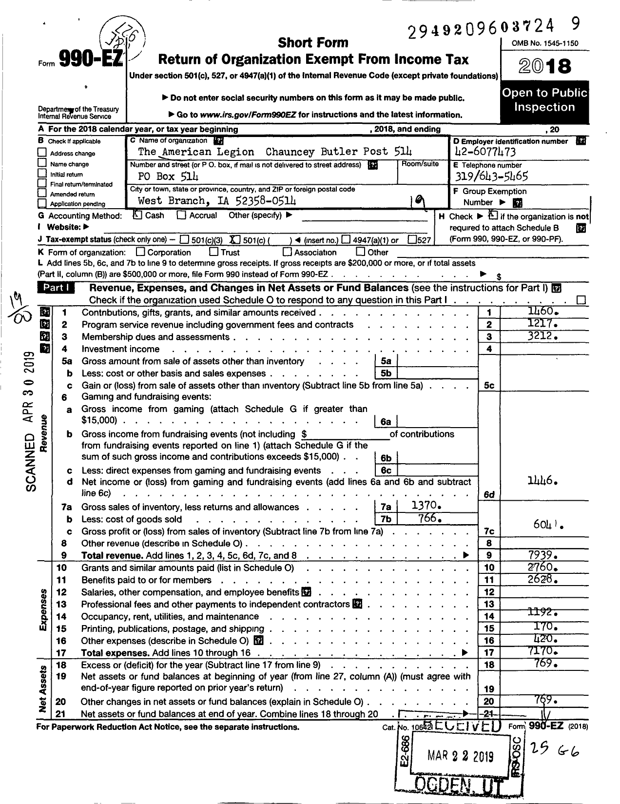 Image of first page of 2018 Form 990EO for American Legion Auxiliary - 514 Chauncey Butler