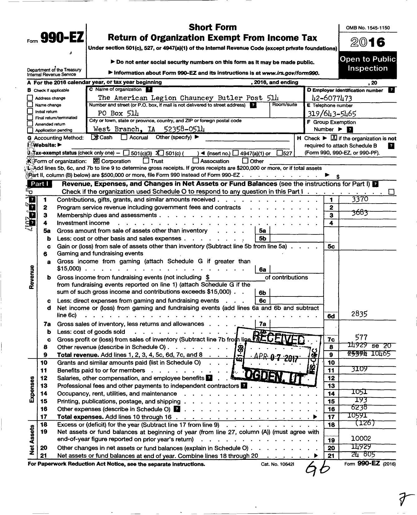 Image of first page of 2016 Form 990EO for American Legion Auxiliary - 514 Chauncey Butler