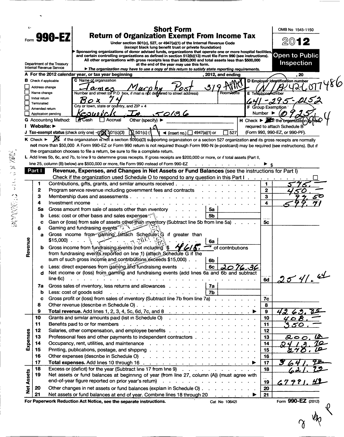 Image of first page of 2012 Form 990EO for American Legion Auxiliary - 319 James Murphy