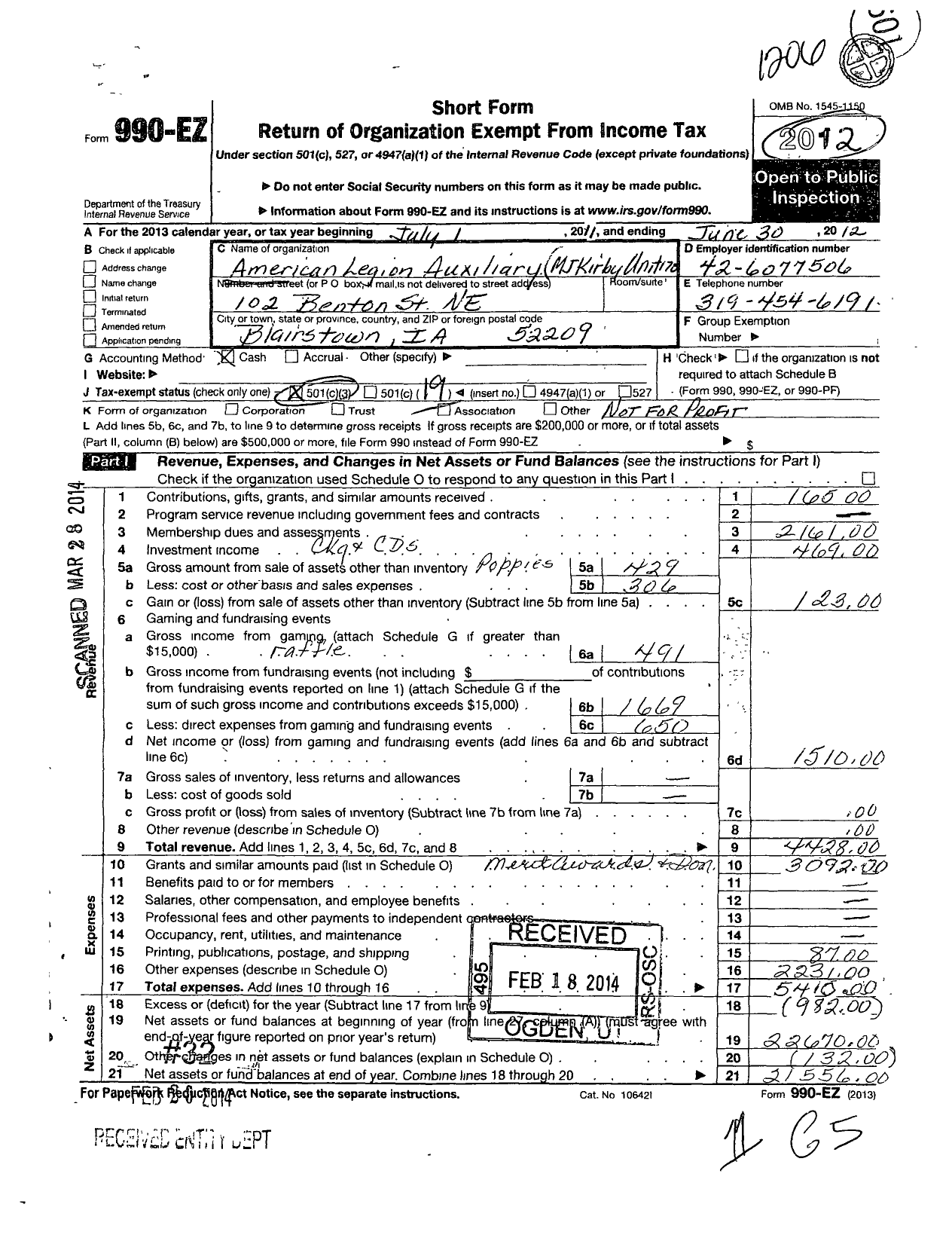 Image of first page of 2011 Form 990EO for American Legion Auxiliary - 170 M J Kirgy