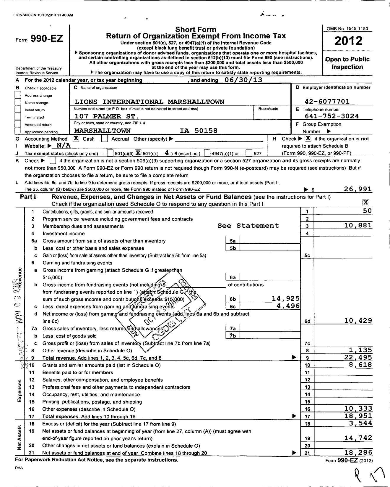 Image of first page of 2012 Form 990EO for Lions Clubs - 4286 Marshalltown Noon