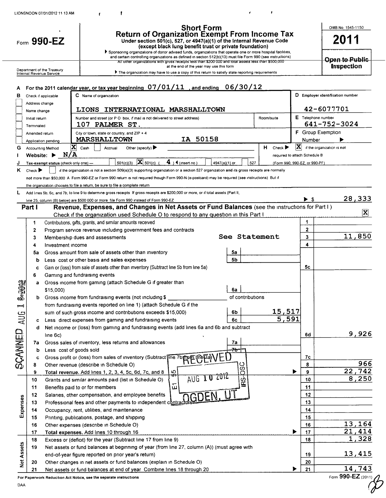 Image of first page of 2011 Form 990EO for Lions Clubs - 4286 Marshalltown Noon