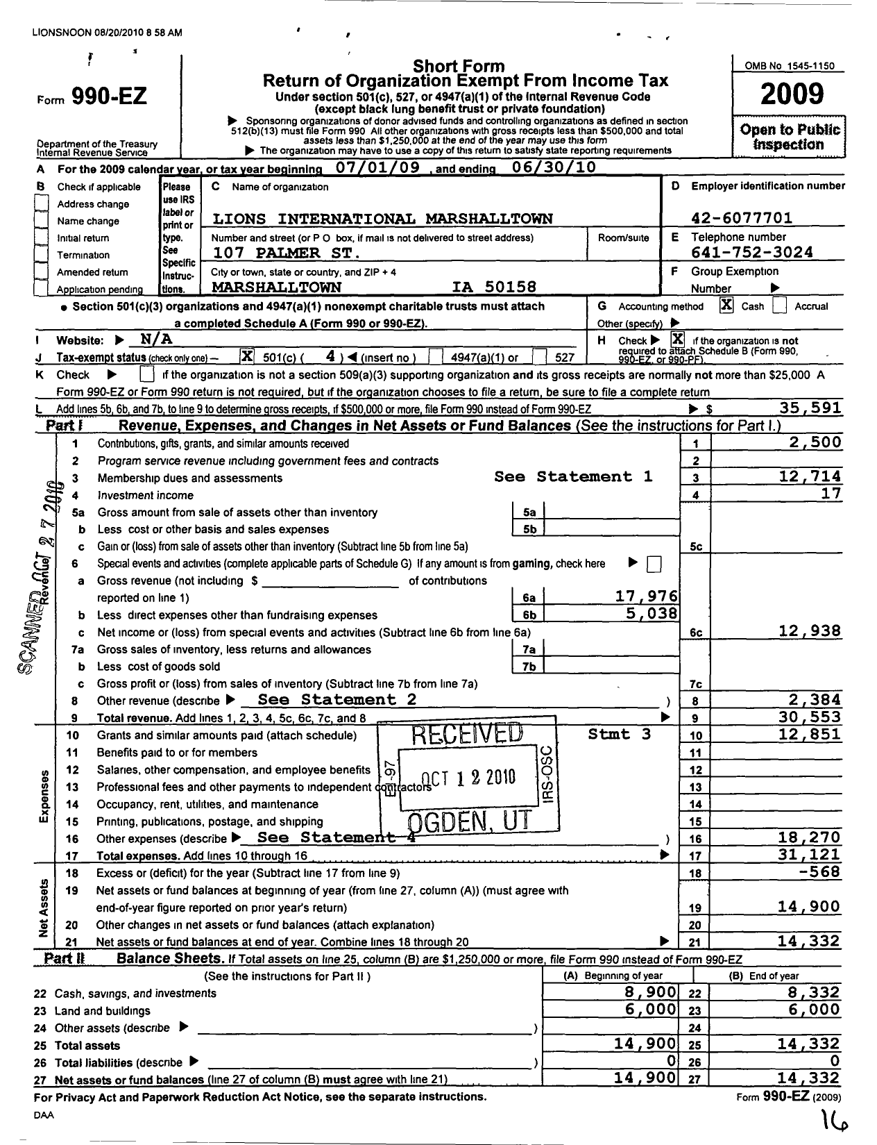 Image of first page of 2009 Form 990EO for Lions Clubs - 4286 Marshalltown Noon