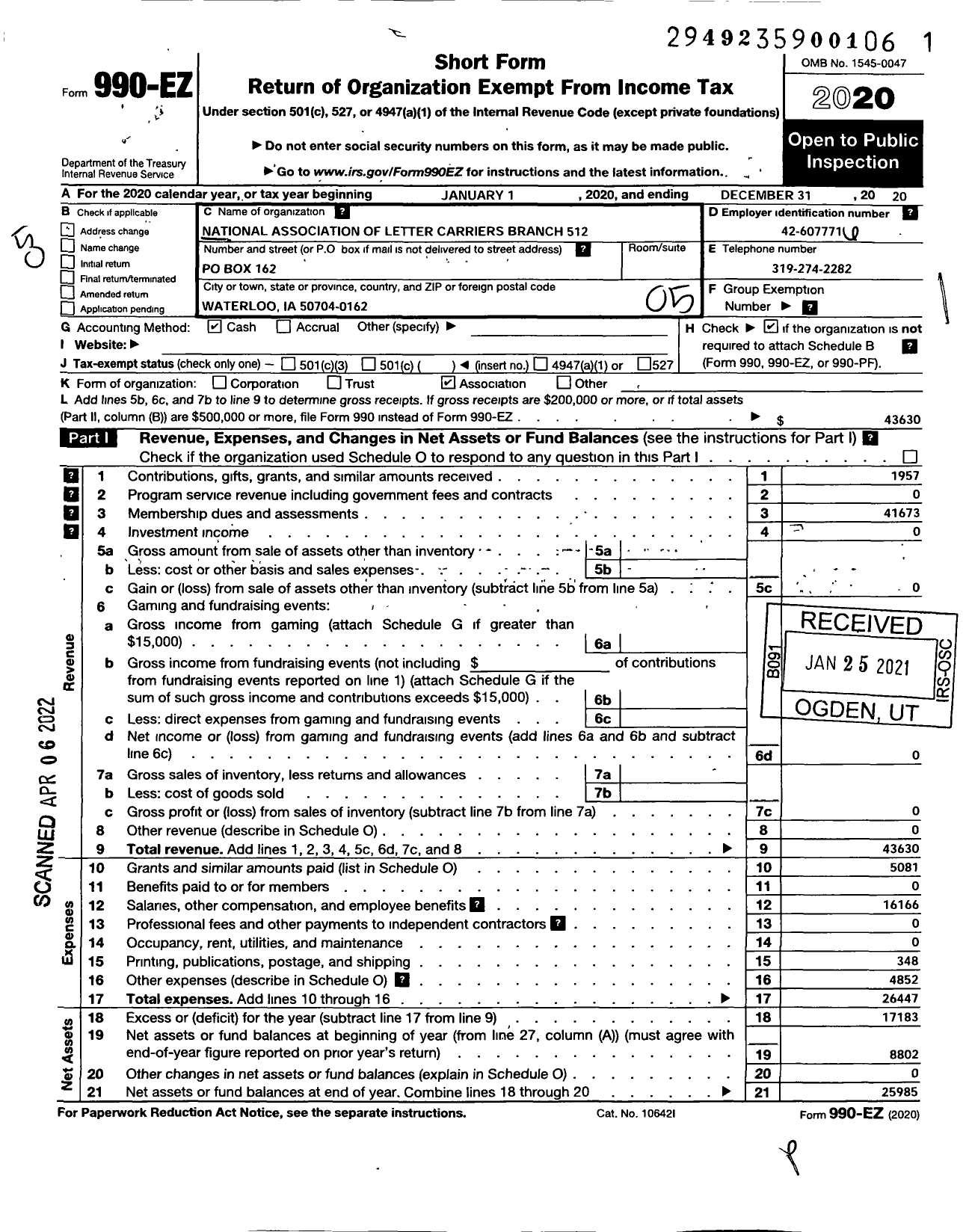 Image of first page of 2020 Form 990EO for National Association of Letter Carriers - 0512 Waterloo Iowa