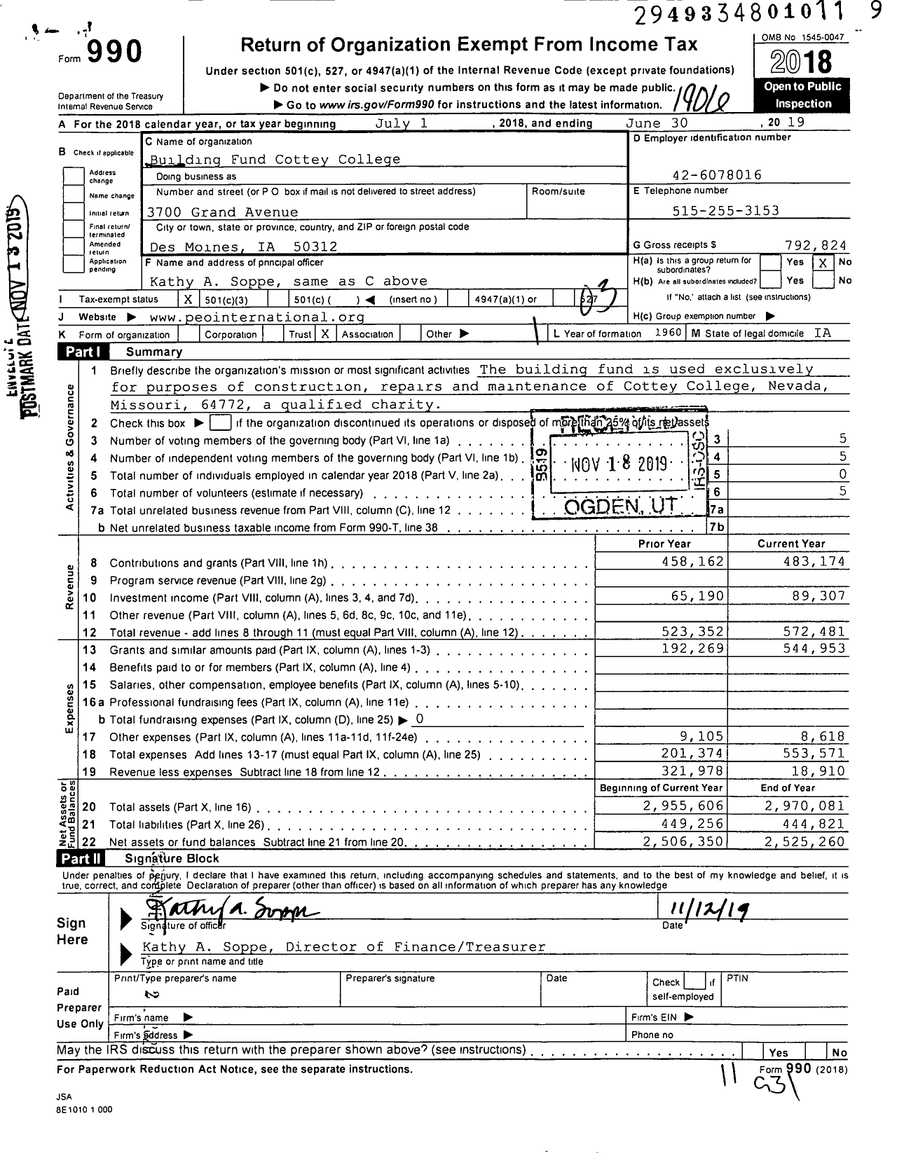 Image of first page of 2018 Form 990 for Building Fund Cottey College