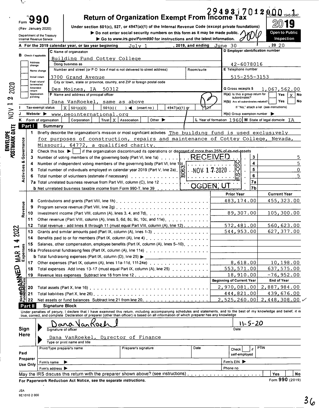 Image of first page of 2019 Form 990 for Building Fund Cottey College