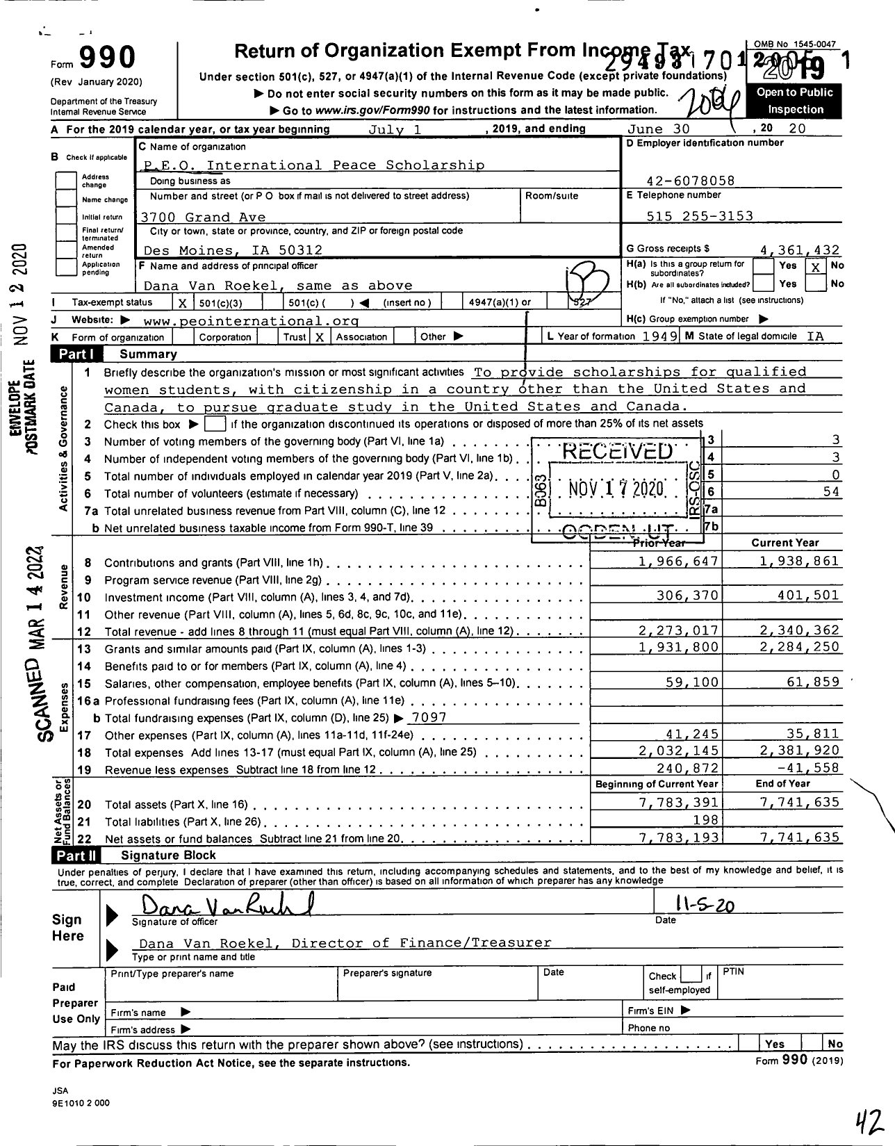 Image of first page of 2019 Form 990 for PEO International Peace Scholarship