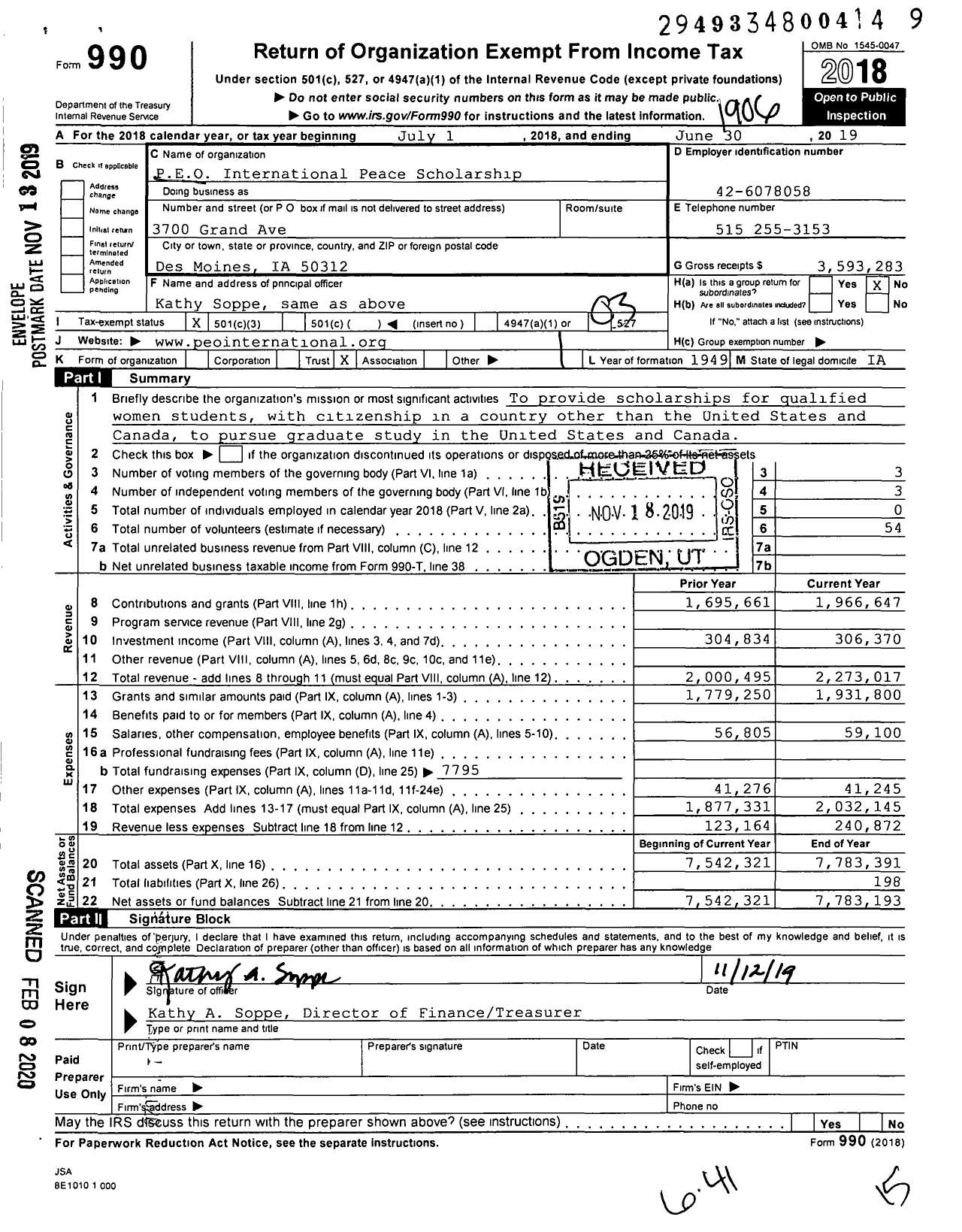 Image of first page of 2018 Form 990 for PEO International Peace Scholarship