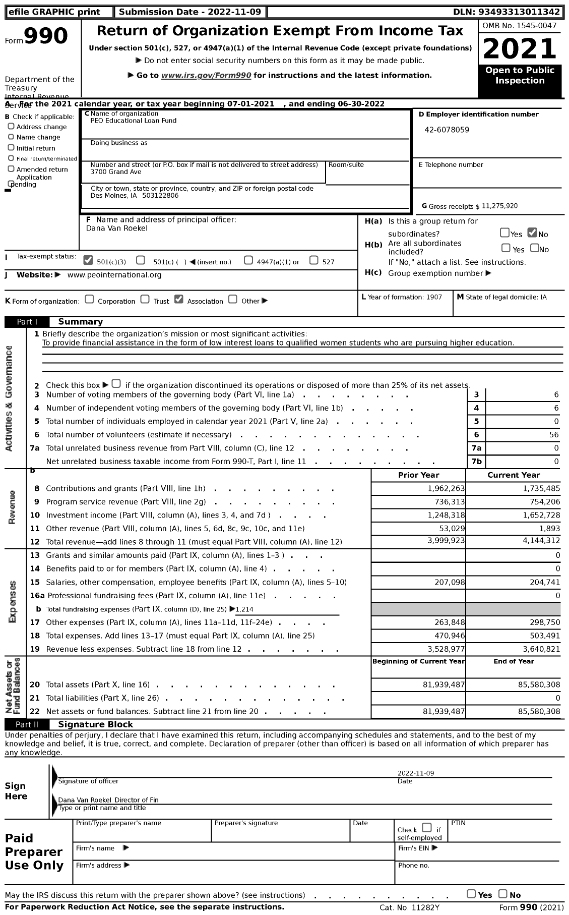 Image of first page of 2021 Form 990 for PEO Educational Loan Fund