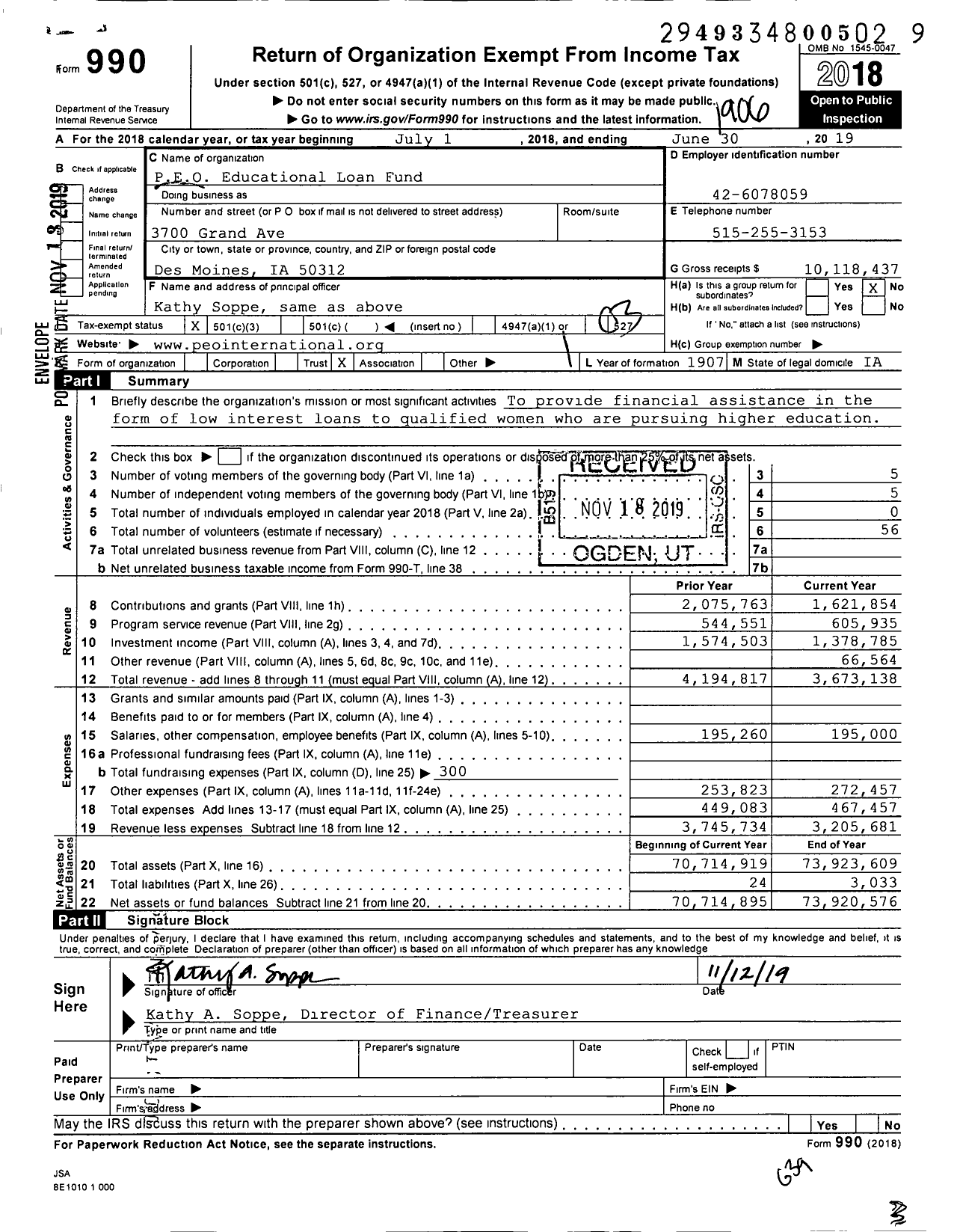 Image of first page of 2018 Form 990 for PEO Educational Loan Fund