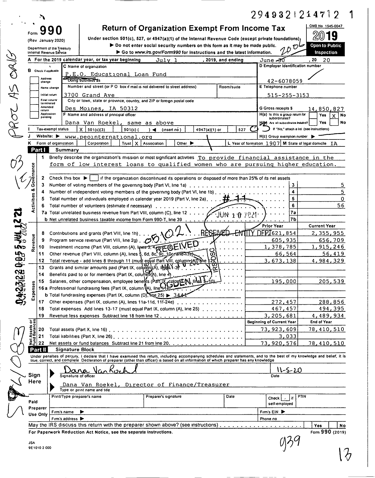 Image of first page of 2019 Form 990 for PEO Educational Loan Fund