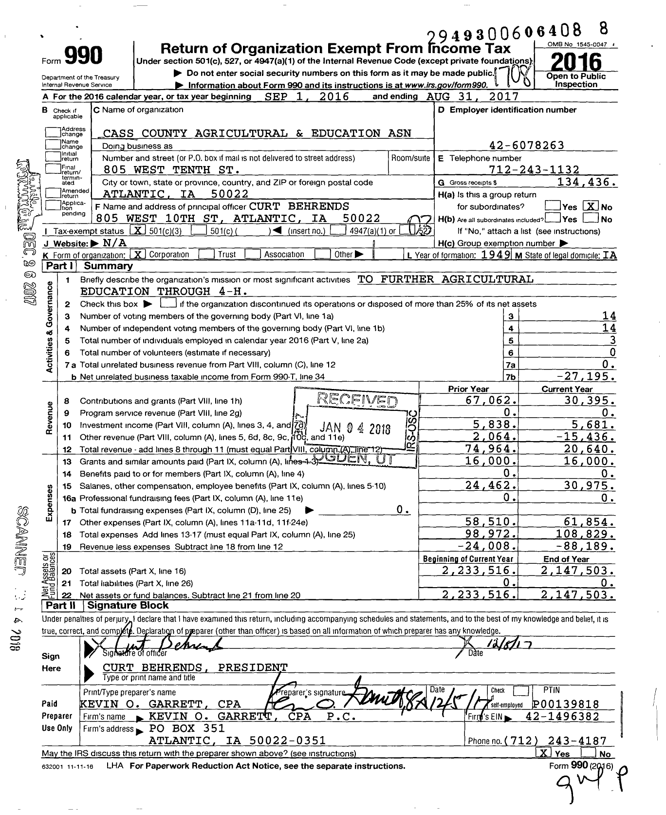 Image of first page of 2016 Form 990 for Cass County Agricultural and Education Asn