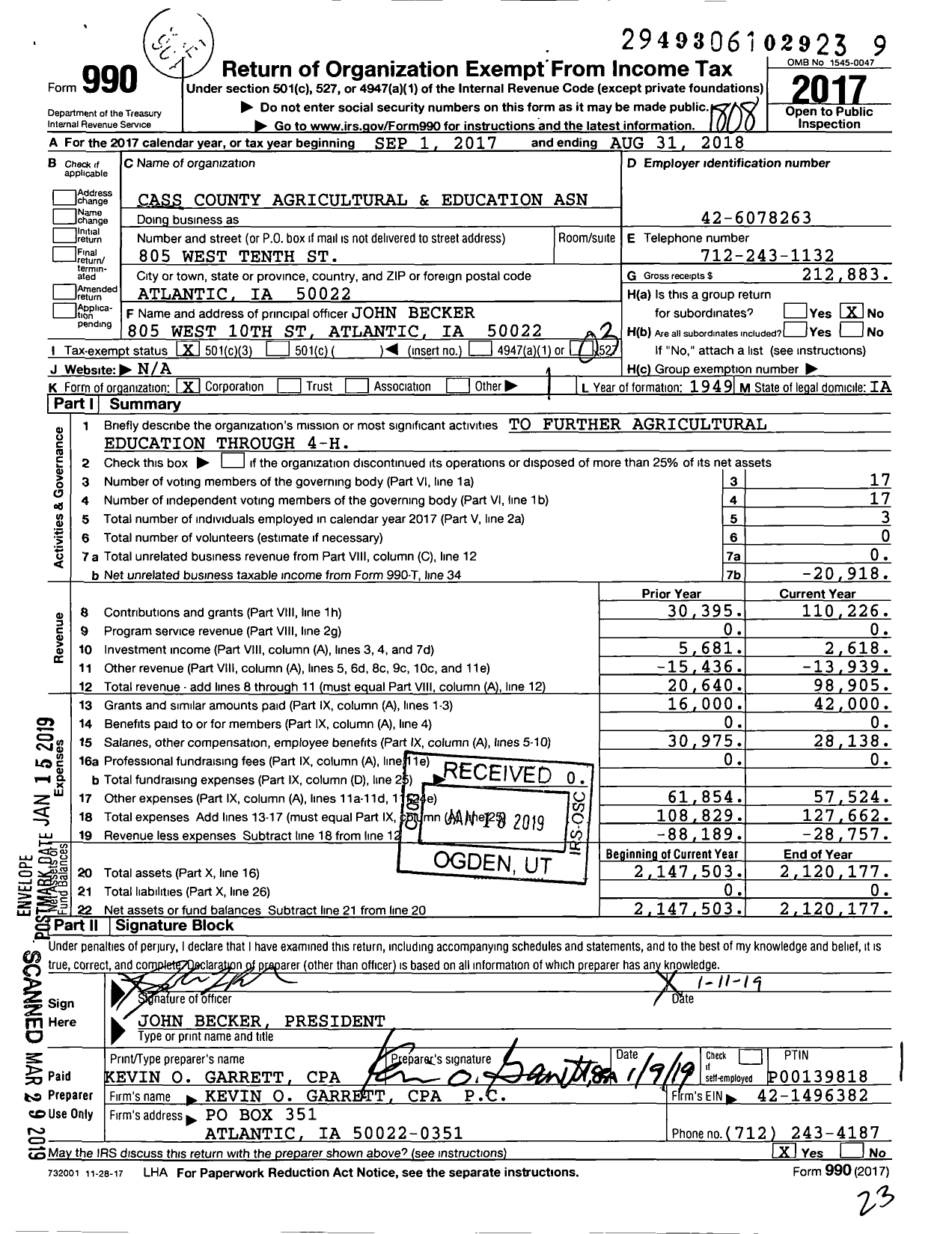 Image of first page of 2017 Form 990 for Cass County Agricultural and Education Asn