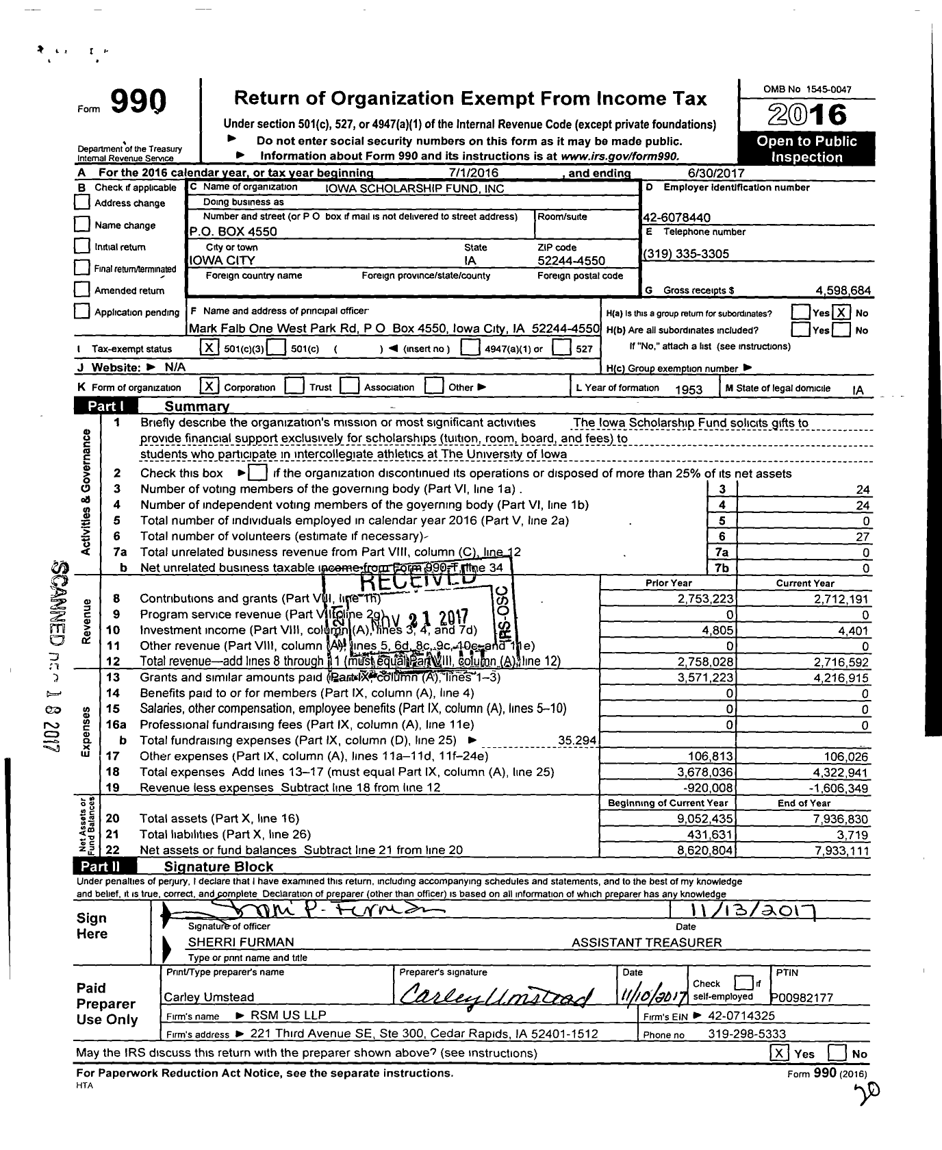 Image of first page of 2016 Form 990 for Iowa Scholarship Fund