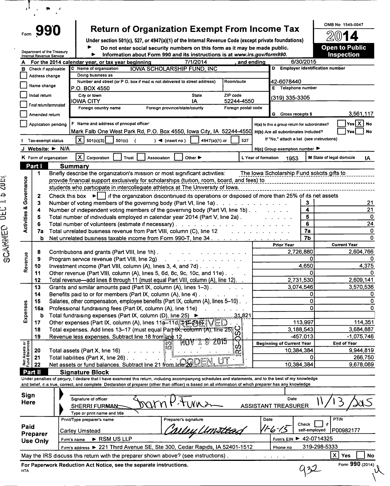 Image of first page of 2014 Form 990 for Iowa Scholarship Fund