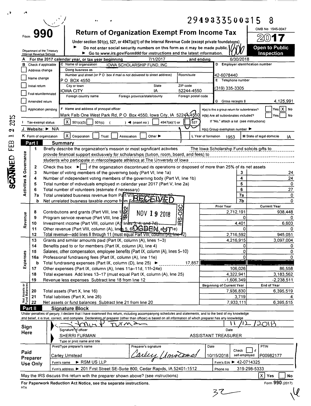 Image of first page of 2017 Form 990 for Iowa Scholarship Fund