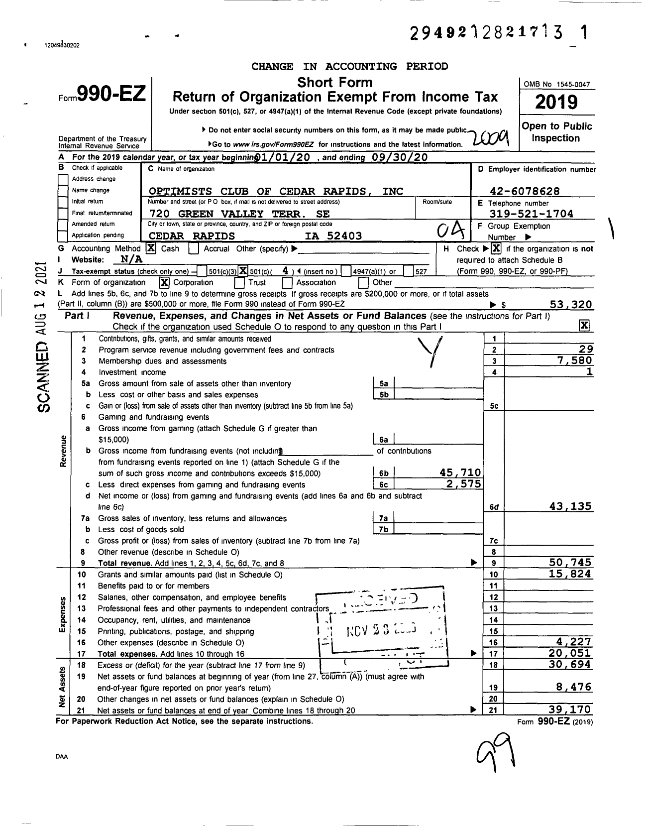 Image of first page of 2019 Form 990EO for Optimist International - 40020 Oc of Cedar Rapids Ia