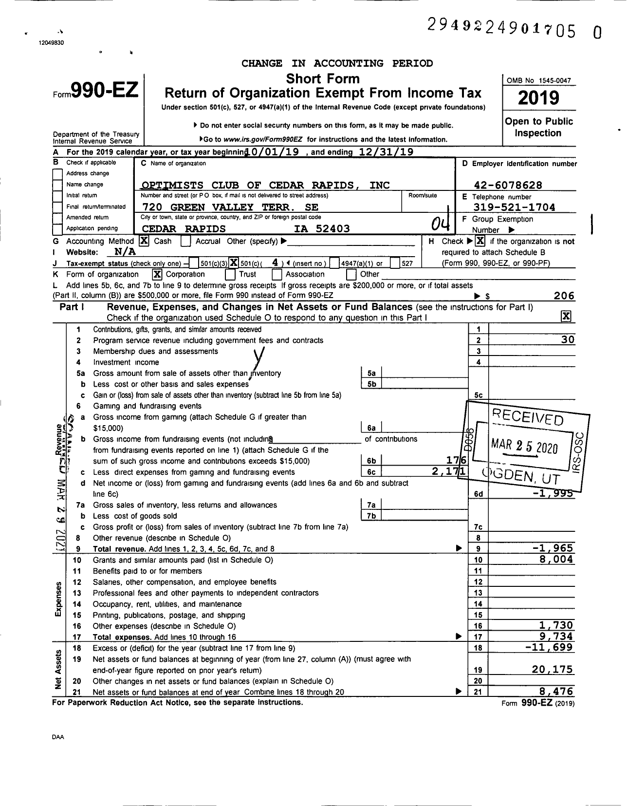 Image of first page of 2019 Form 990EO for Optimist International - 40020 Oc of Cedar Rapids Ia