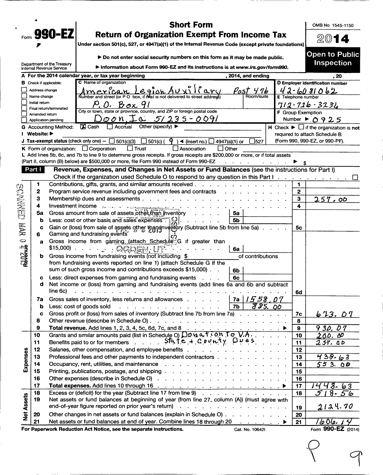 Image of first page of 2014 Form 990EO for American Legion Auxiliary