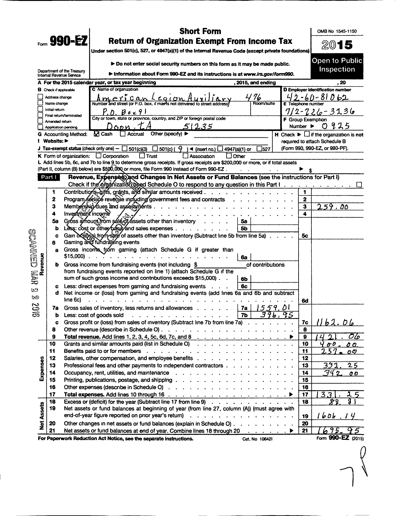 Image of first page of 2015 Form 990EO for American Legion Auxiliary